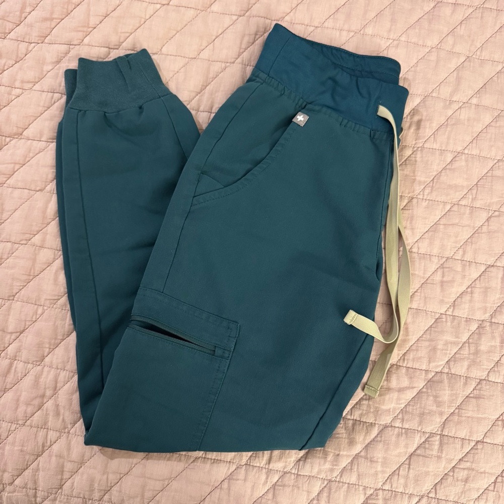 Figs Teal Track Jogger Pants with Light Green Drawstring
